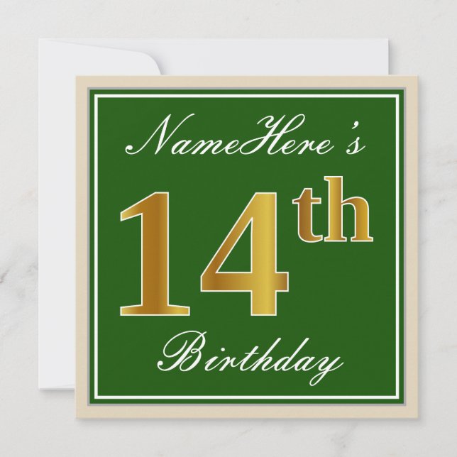 Elegant, Green, Faux Gold 14th Birthday + Name Invitation (Front)