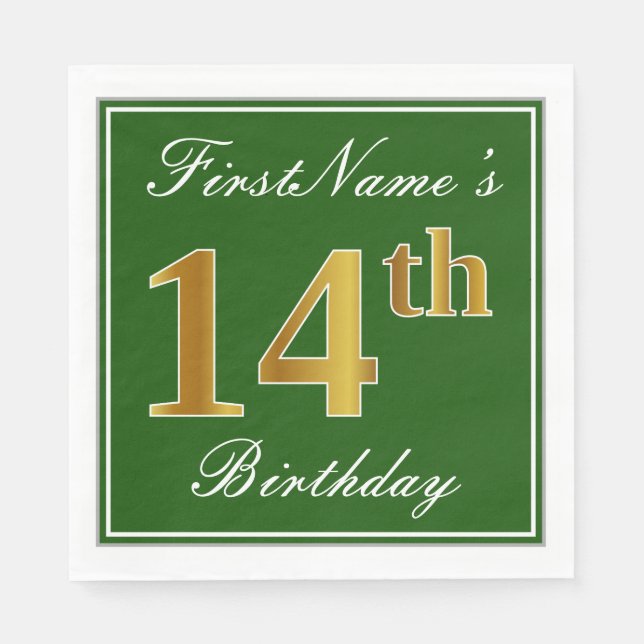 Elegant Green, Faux Gold 14th Birthday + Name Napkin (Front)