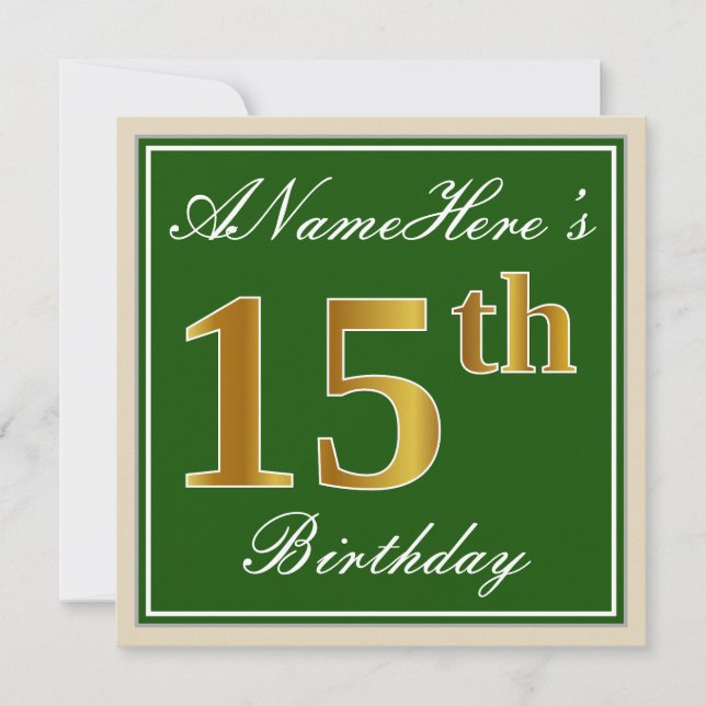 Elegant, Green, Faux Gold 15th Birthday + Name Invitation (Front)