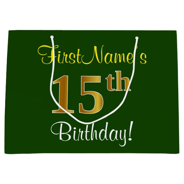 Elegant, Green, Faux Gold 15th Birthday + Name Large Gift Bag (Front)