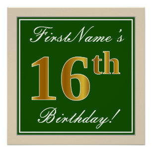 Elegant, Green, Faux Gold 16th Birthday + Name Poster