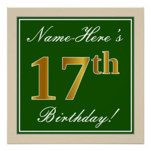 Elegant, Green, Faux Gold 17th Birthday + Name Poster