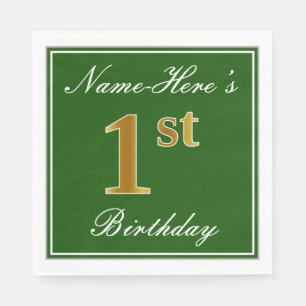 Elegant Green, Faux Gold 1st Birthday; Custom Name Napkin