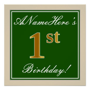 Elegant, Green, Faux Gold 1st Birthday + Name Poster