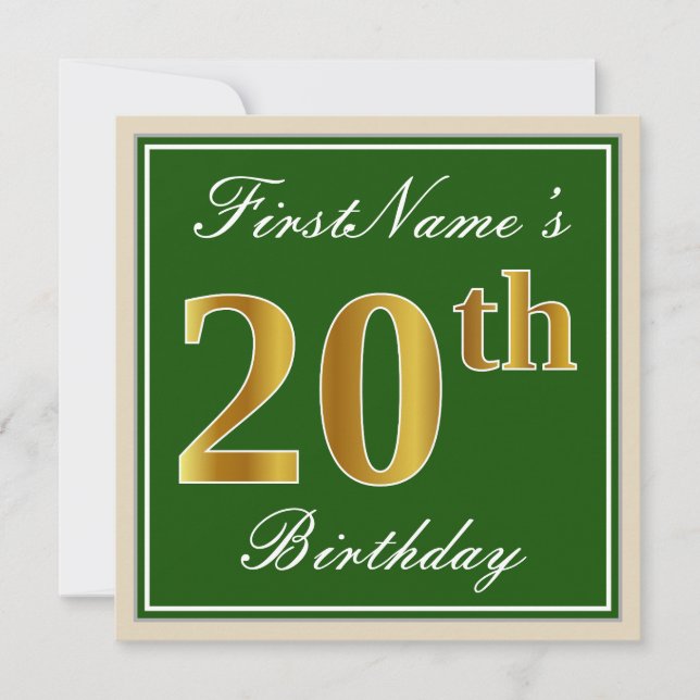 Elegant, Green, Faux Gold 20th Birthday + Name Invitation (Front)