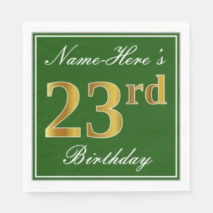 Elegant Green, Faux Gold 23rd Birthday + Name Napkin