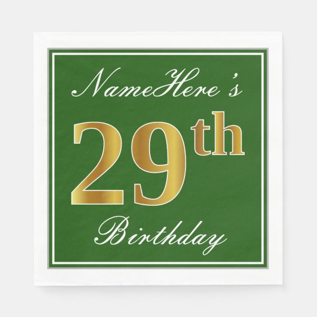 Elegant Green, Faux Gold 29th Birthday + Name Napkin (Front)