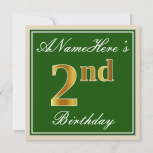 Elegant, Green, Faux Gold 2nd Birthday + Name Invitation