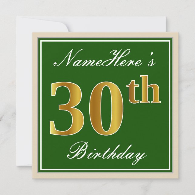 Elegant, Green, Faux Gold 30th Birthday + Name Invitation (Front)
