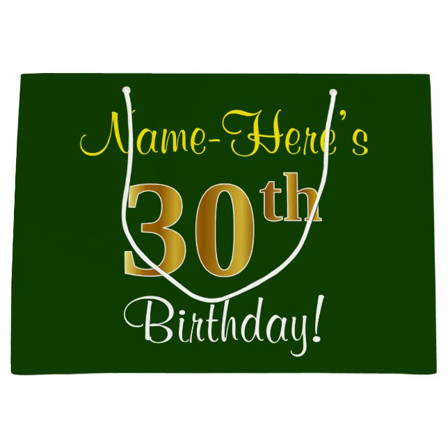 Elegant, Green, Faux Gold 30th Birthday + Name Large Gift Bag (Front)