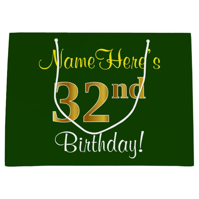 Elegant, Green, Faux Gold 32nd Birthday + Name Large Gift Bag (Front)