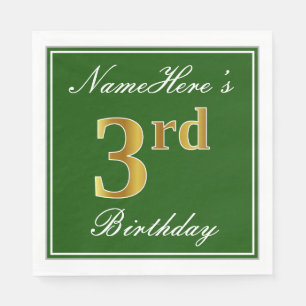 Elegant Green, Faux Gold 3rd Birthday; Custom Name Napkin