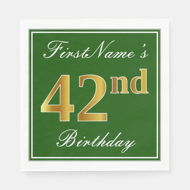 Elegant Green, Faux Gold 42nd Birthday + Name Napkin (Front)