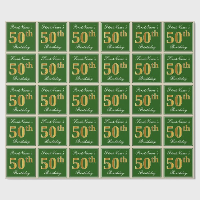 Elegant, Green, Faux Gold 50th Birthday + Name Wrapping Paper (Flat)