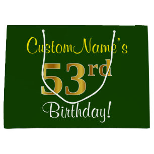 Elegant, Green, Faux Gold 53rd Birthday + Name Large Gift Bag