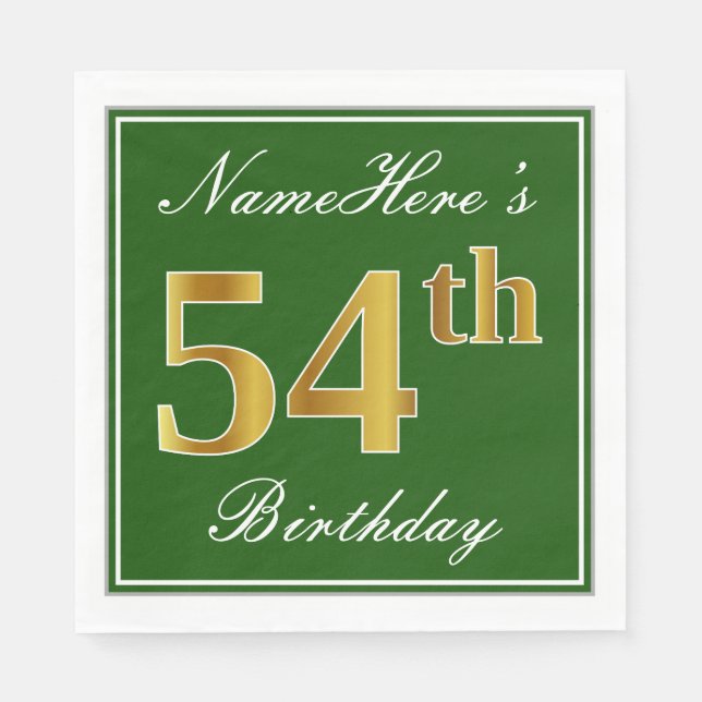 Elegant Green, Faux Gold 54th Birthday + Name Napkin (Front)