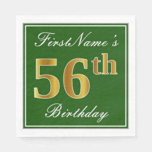 Elegant Green, Faux Gold 56th Birthday + Name Napkin