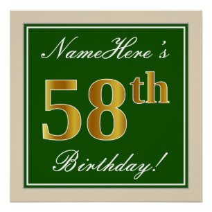 Elegant, Green, Faux Gold 58th Birthday + Name Poster