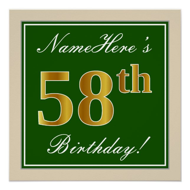 Elegant, Green, Faux Gold 58th Birthday + Name Poster (Front)