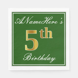 Elegant Green, Faux Gold 5th Birthday; Custom Name Napkin