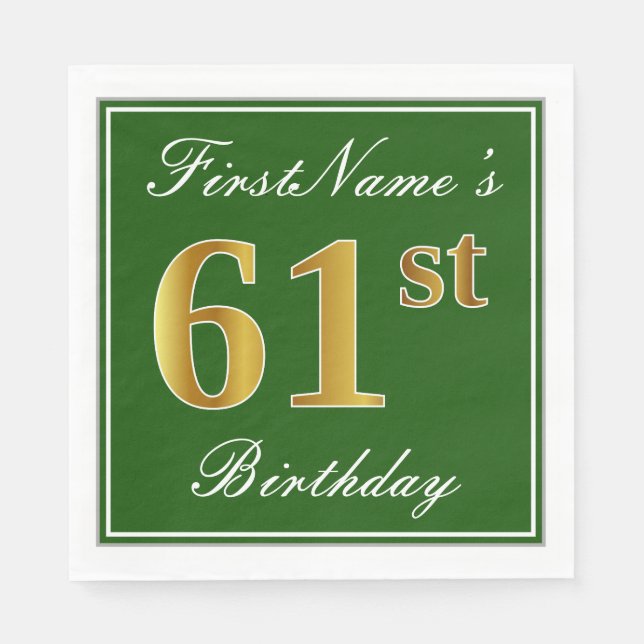 Elegant Green, Faux Gold 61st Birthday + Name Napkin (Front)