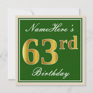 Elegant, Green, Faux Gold 63rd Birthday + Name Invitation