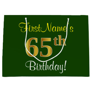 Elegant, Green, Faux Gold 65th Birthday + Name Large Gift Bag