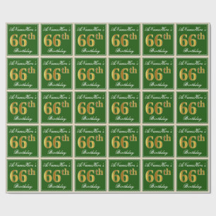 Elegant, Green, Faux Gold 66th Birthday + Name Wrapping Paper