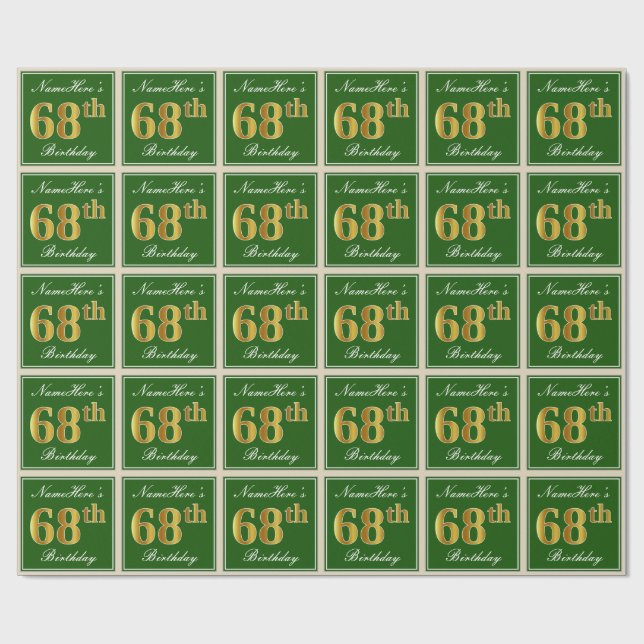 Elegant, Green, Faux Gold 68th Birthday + Name Wrapping Paper (Flat)