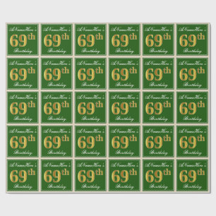 Elegant, Green, Faux Gold 69th Birthday + Name Wrapping Paper