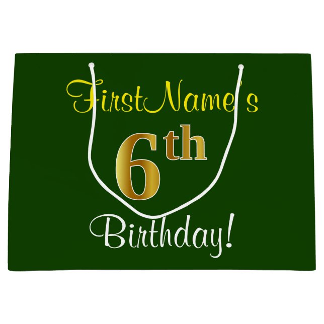 Elegant, Green, Faux Gold 6th Birthday + Name Large Gift Bag (Front)