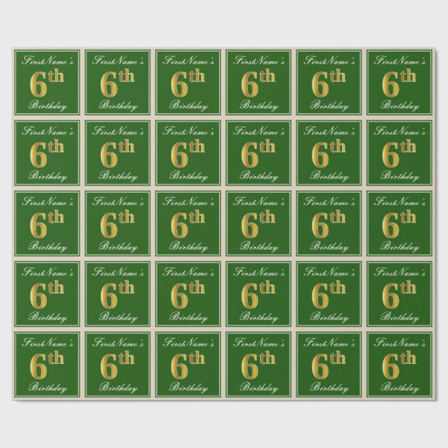 Elegant, Green, Faux Gold 6th Birthday + Name Wrapping Paper (Flat)