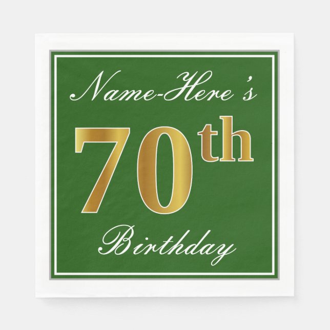 Elegant Green, Faux Gold 70th Birthday + Name Napkin (Front)