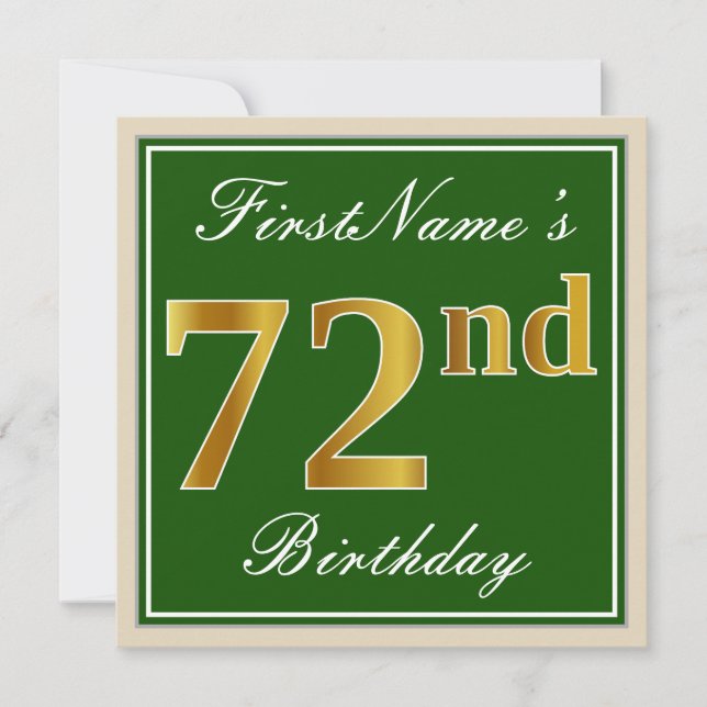 Elegant, Green, Faux Gold 72nd Birthday + Name Invitation (Front)