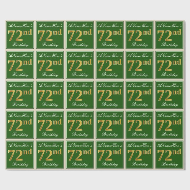 Elegant, Green, Faux Gold 72nd Birthday + Name Wrapping Paper (Flat)
