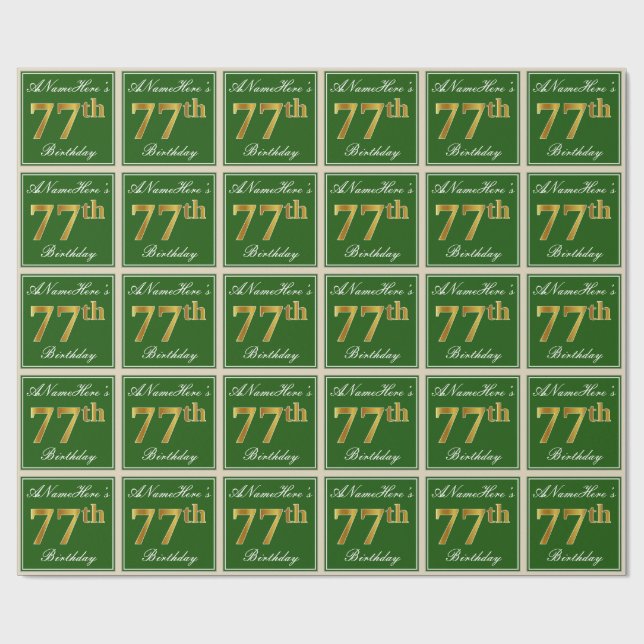 Elegant, Green, Faux Gold 77th Birthday + Name Wrapping Paper (Flat)