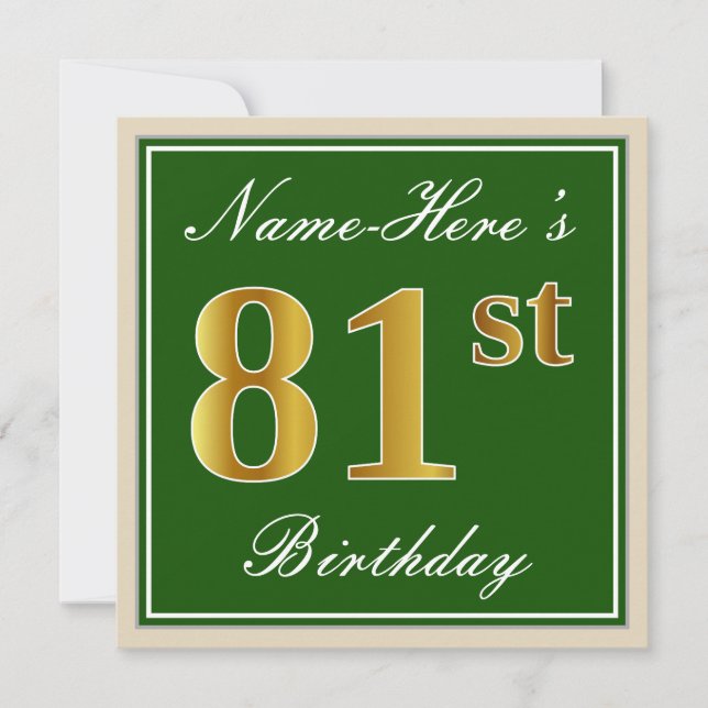 Elegant, Green, Faux Gold 81st Birthday + Name Invitation (Front)