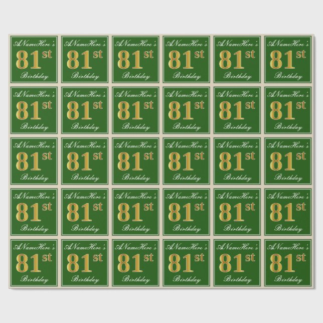 Elegant, Green, Faux Gold 81st Birthday + Name Wrapping Paper (Flat)