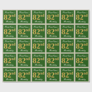 Elegant, Green, Faux Gold 82nd Birthday + Name Wrapping Paper