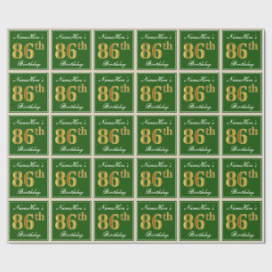 Elegant, Green, Faux Gold 86th Birthday + Name Wrapping Paper