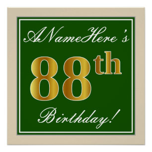 Elegant, Green, Faux Gold 88th Birthday + Name Poster