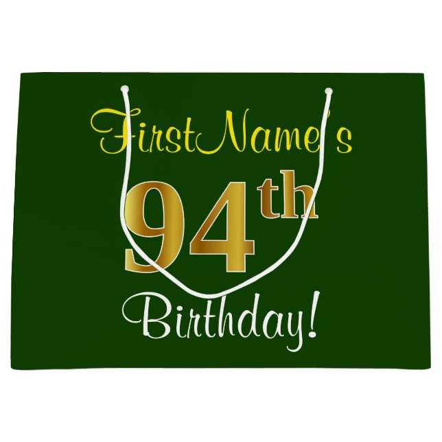 Elegant, Green, Faux Gold 94th Birthday + Name Large Gift Bag (Front)