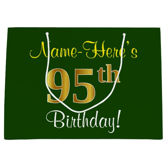 Elegant, Green, Faux Gold 95th Birthday + Name Large Gift Bag (Front)