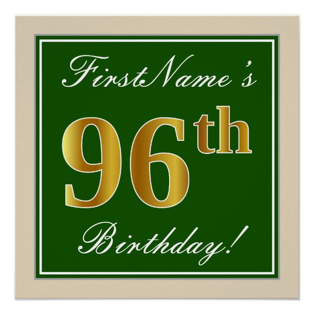 Elegant, Green, Faux Gold 96th Birthday + Name Poster (Front)