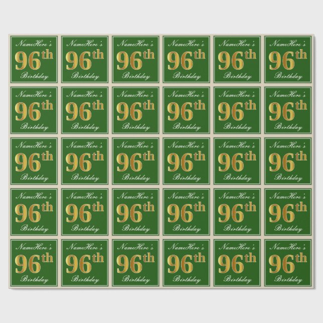 Elegant, Green, Faux Gold 96th Birthday + Name Wrapping Paper (Flat)