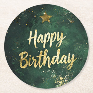 Elegant Green & Faux Gold Birthday Paper Coaster