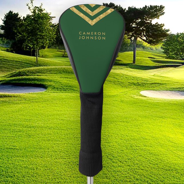 Elegant Green Faux Gold Name Chevron Geometric Golf Head Cover (Creator Uploaded)