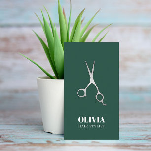 Elegant Green Faux Silver Scissors Bold Hair Salon Business Card