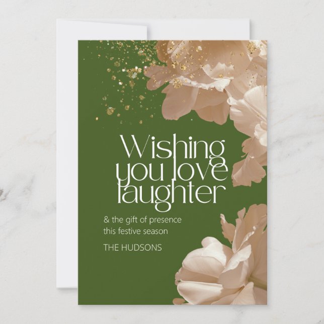 Elegant Green Festive Season Gold Floral  Holiday Card (Front)