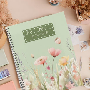 Elegant Green Flora Watercolor Wildflowers Planner